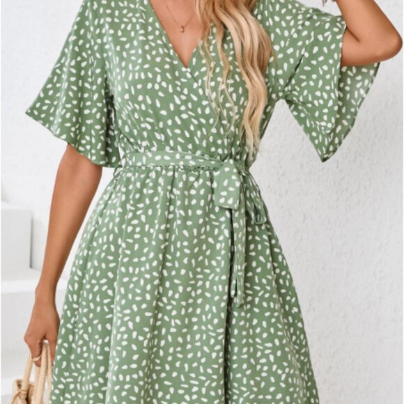 Printed Mini Dress Women Fashion V Neck Short Sleeve Dresses - Picture 5 of 6